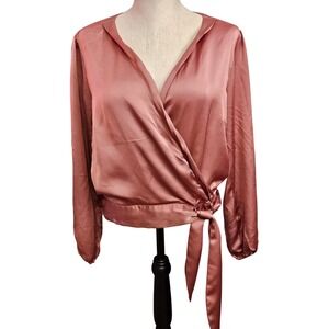 Vtg Rose Gold Satin Wrap Blouse Sz‎ L Long Sleeve Tie Waist Top Elegant  #331